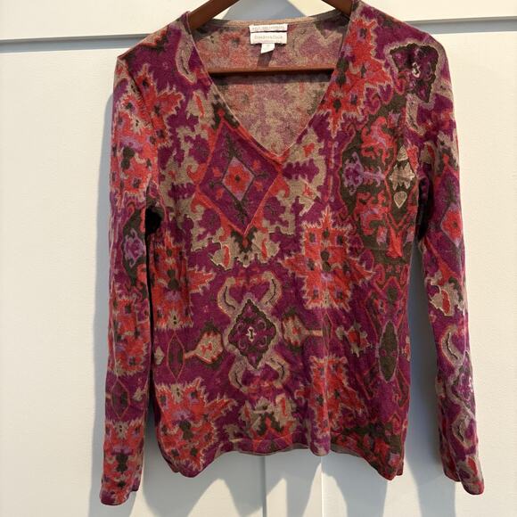 Burgundy Cashmere Sweater Womens Medium Purple Pink V Neck Ikat Cozy Soft Fall - Picture 1 of 9